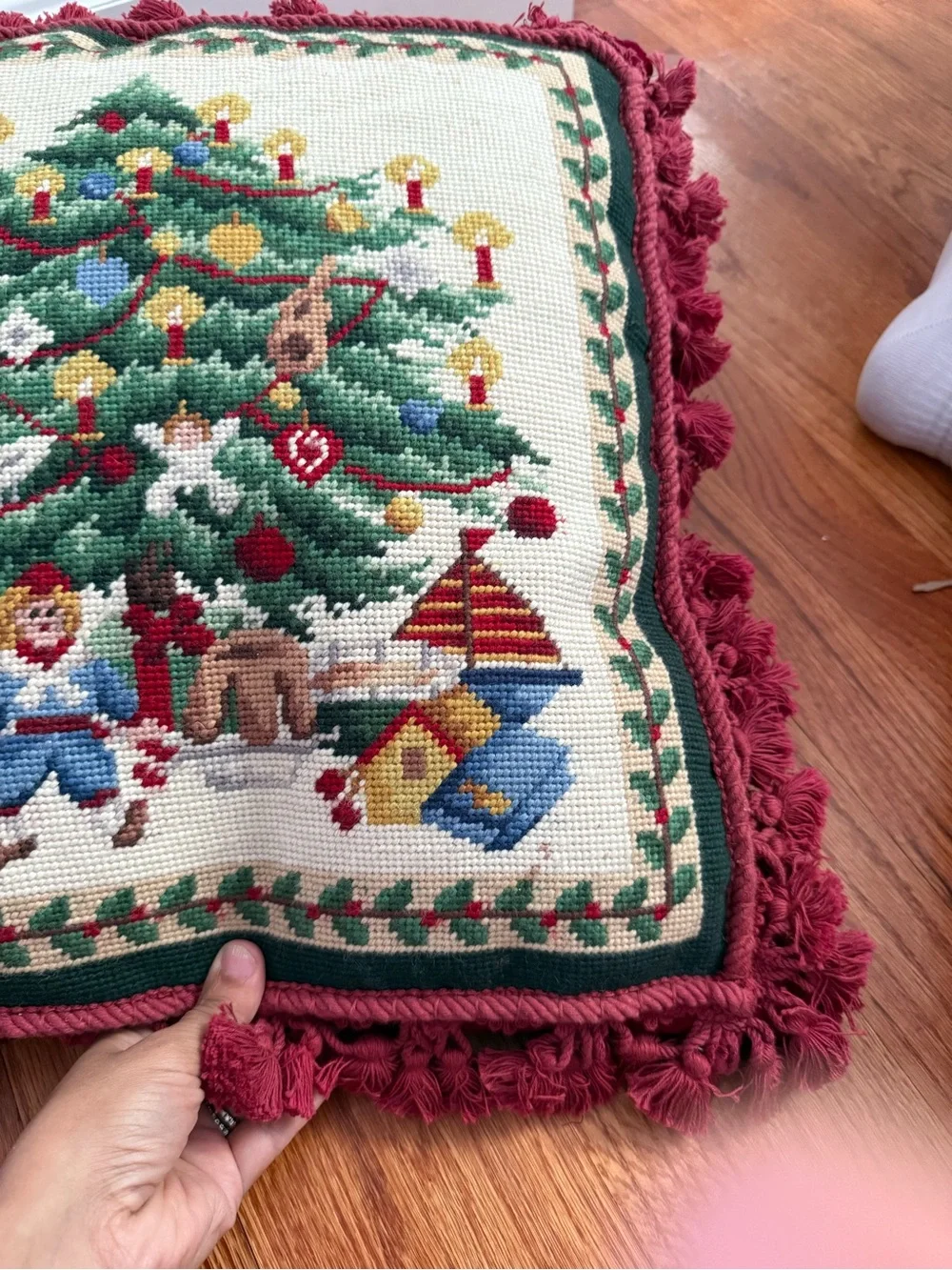Vintage Christmas Tree Toys Under the Tree Needlepoint Pillow Red Velvet Back
